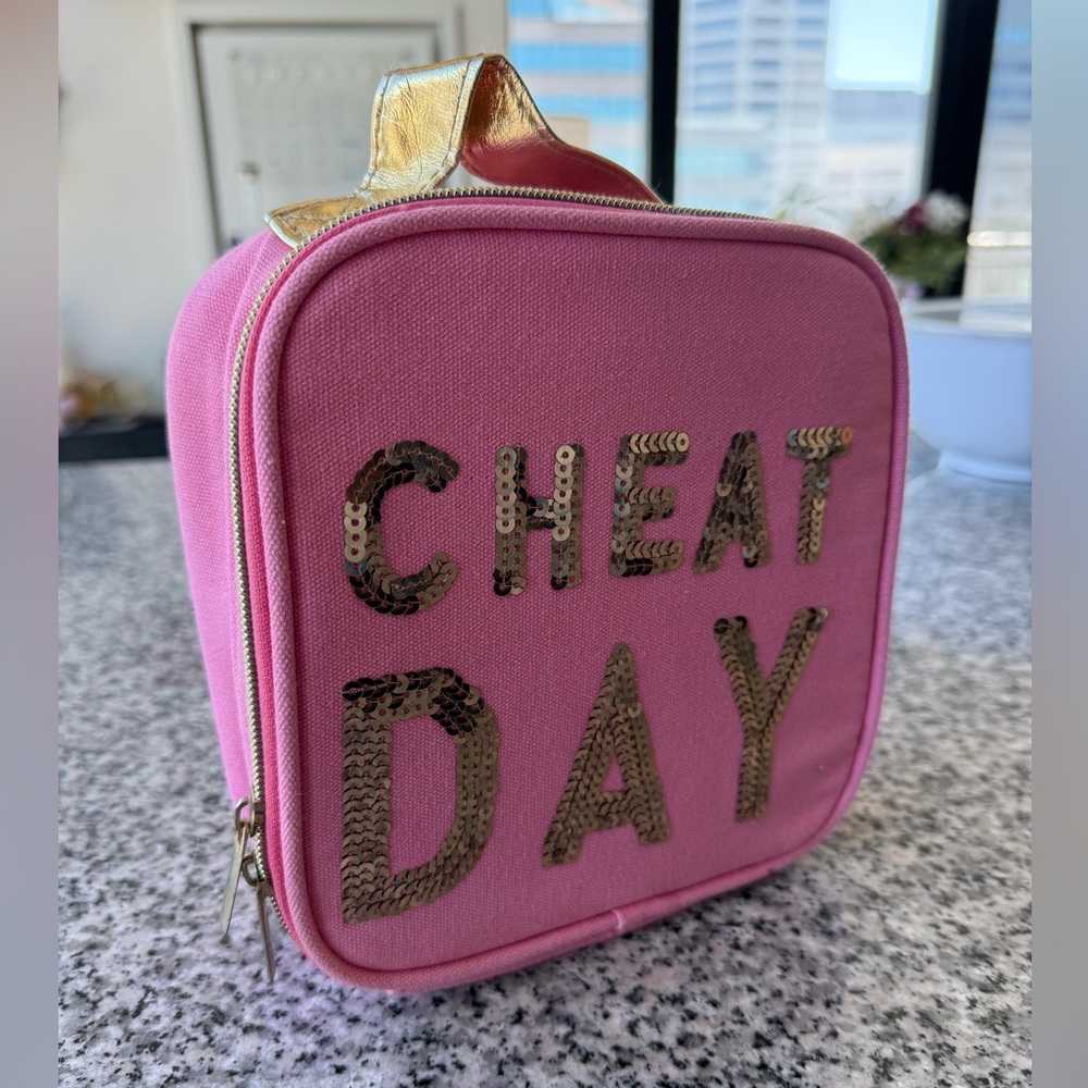 Cheat Day Pink & Gold Insulated Lunch Cooler Bag w Plastic Container by Slant